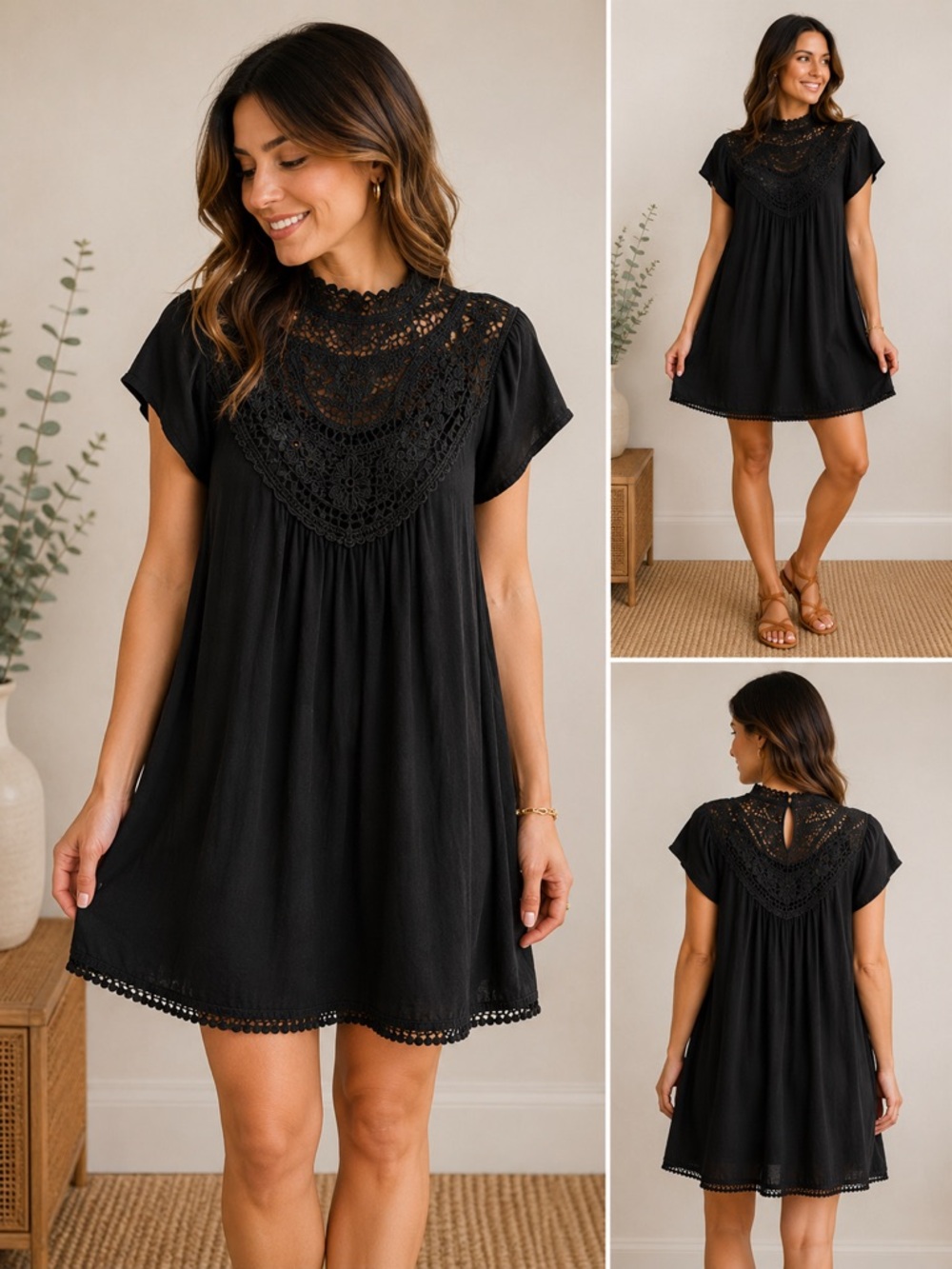Altar’d State Black Lace Crochet Babydoll Dress Size Medium Autumn Wedding Guest - Picture 3 of 8